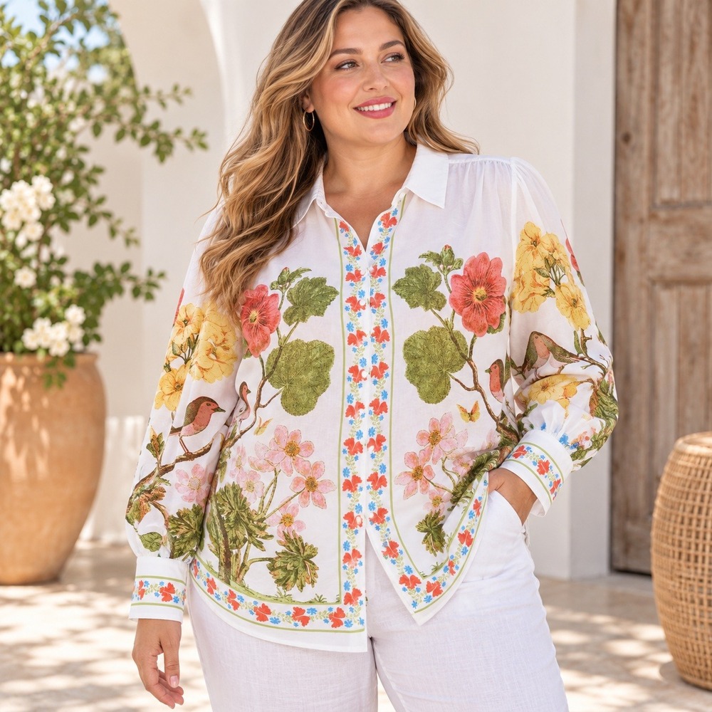 Rose + Olive Floral Bird Print Button Down Blouse White Plus 3X Long Sleeve - Picture 1 of 16